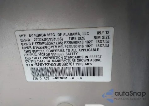 2013 Honda Pilot Ex-L from USA, damaged, VIN 5FNYF3H52DB002701